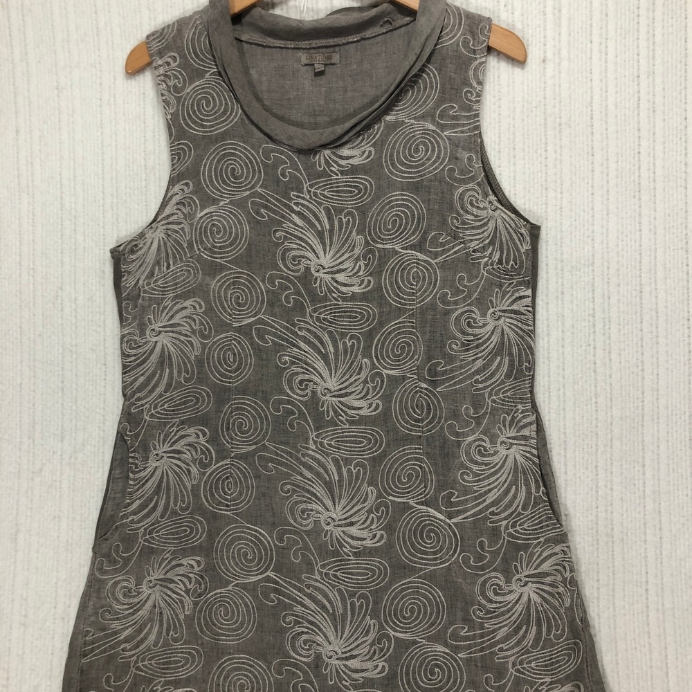 Lina Tomei Made in Italy Linen Dress Sleeveless‎ Gray Embroidered Size L
